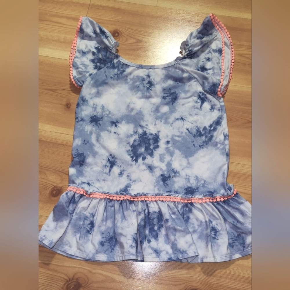 Wonder Nation Blue Tie Dye PomPom Ric Rac Short Sleeved Top Size S/CH 6-6×